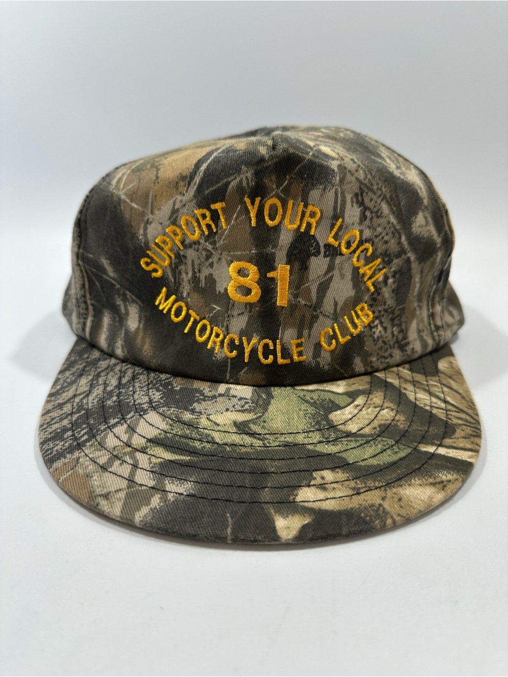 Vtg 80s 90s Support Your Local 81 Motorcycle Club Camo Hat Crown Mfg USA Made